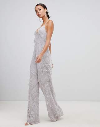 ASOS Tall EDITION Tall fringe & pearl embellished jumpsuit with wide leg