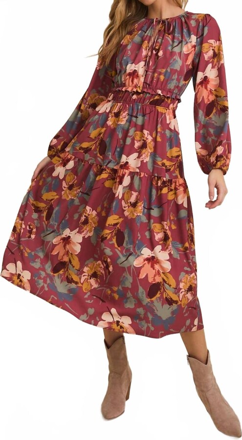 Gilli Round Neck Front Tie Long Sleeve Floral Midi Dress In Brick Floral