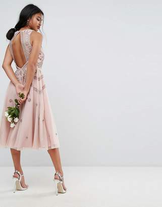 ASOS Petite Wedding Iridescent Delicate Beaded Open Back Skater Midi Dress