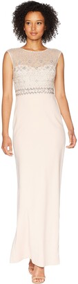Adrianna Papell Women's Cap Sleeve Beaded Long Dress with Crepe Skirt