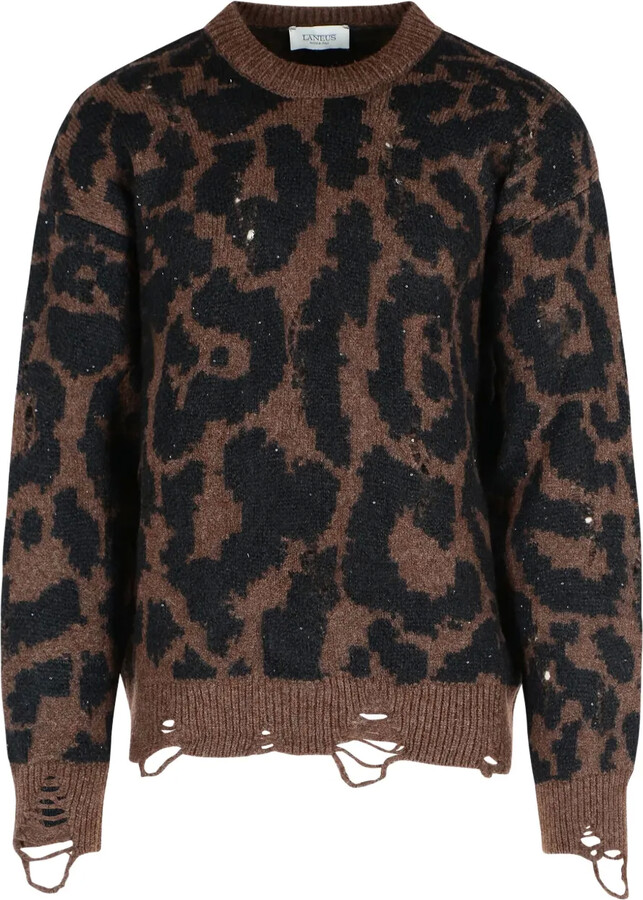 Laneus Leopard-Print Frayed-Trim Sweater