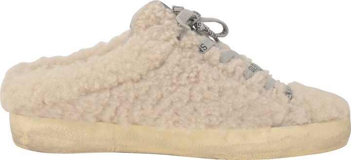 Golden Goose Superstar Sabot Distressed Glittered Shearling Slip-On Sneakers in White Wool