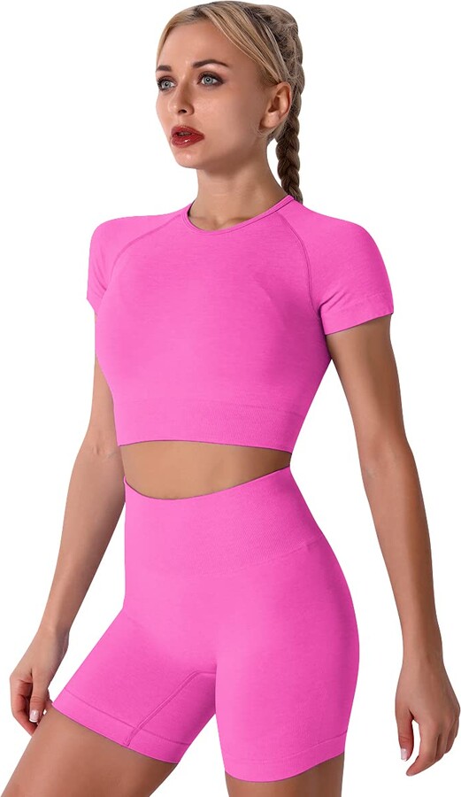 Odizli Gym Sets for Women 2 Piece Ladies Long Sleeve/Short Sleeve Slim Fit Crop  Top+Bike Cycling Shorts 2PCS Outfit Workout Yoga Running Exercise Wear  Activewear Sport Clothes Suit Hot Pink-Short Sleeve M 