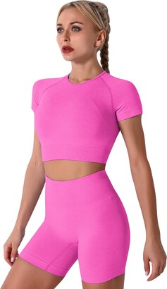 Odizli Gym Sets for Women 2 Piece Ladies Long Sleeve/Short Sleeve Slim Fit  Crop Top+Bike Cycling Shorts 2PCS Outfit Workout Yoga Running Exercise Wear  Activewear Sport Clothes Suit Hot Pink-Short Sleeve M -