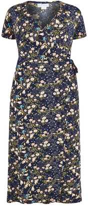 Yours Clothing BLUE VANILLA CURVE Navy & Pink Floral Wrap Over Midi Pocket Dress