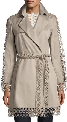 Elie Tahari Kathy Lace-Trimmed Trench Coat, Brown