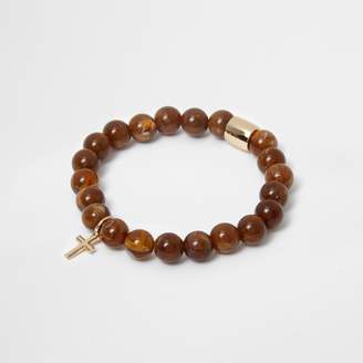 River Island Mens Brown bead cross bracelet