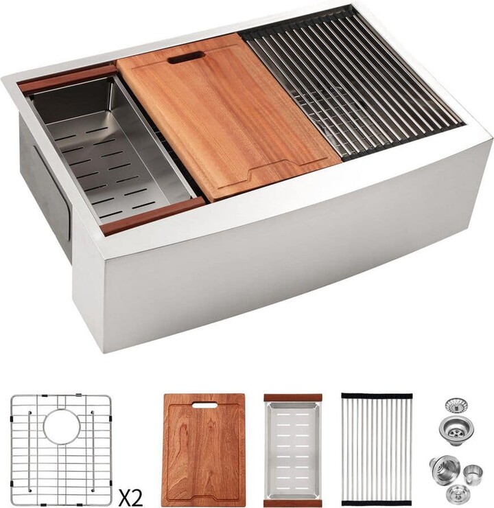 Afhocomp 33 in. Farmhouse Double Bowl 16 Gauge Brushed Nickel Stainless Steel Kitchen Sink with Bottom Grids,Cutting Board