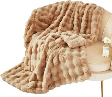 July Brown Bubble Fleece Blanket for Couch, Faux Rabbit Fur Throw Blanket, Soft Cozy Fluffy Decorative Blankets for Bed, Sofa, Mother's Day Cozy Gifts