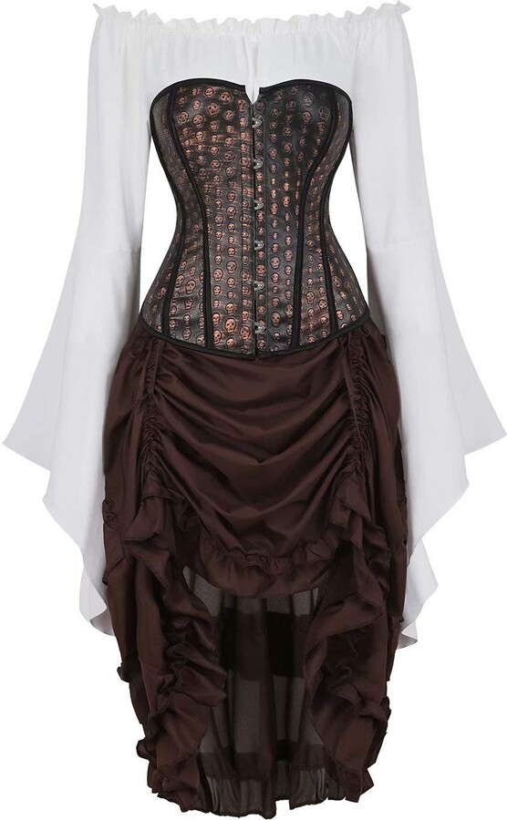 Josamogre Steampunk Corsets for Women Dress Skull 3 Piece Outfits Skirt White Blouse Set Sexy