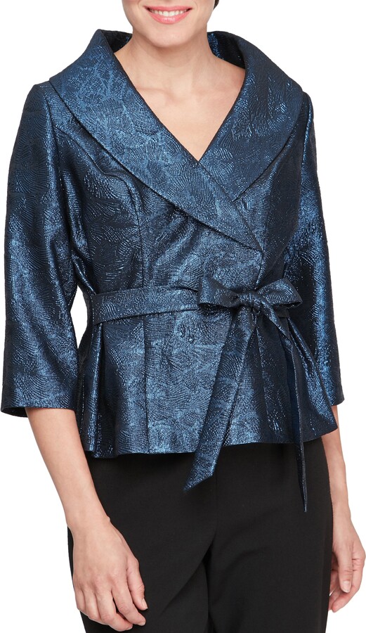 Alex Evenings Metallic Jacquard Portrait Collar Faux Wrap Top