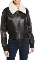 Thumbnail for your product : Cropped Leather Flight Jacket w/ Faux Shearling Collar