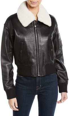 Cropped Leather Flight Jacket w/ Faux Shearling Collar