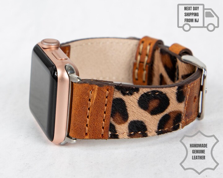 Leopard Print Furry Handmade Leather Apple Watch Band - | Compatible With All Series & Fitbit