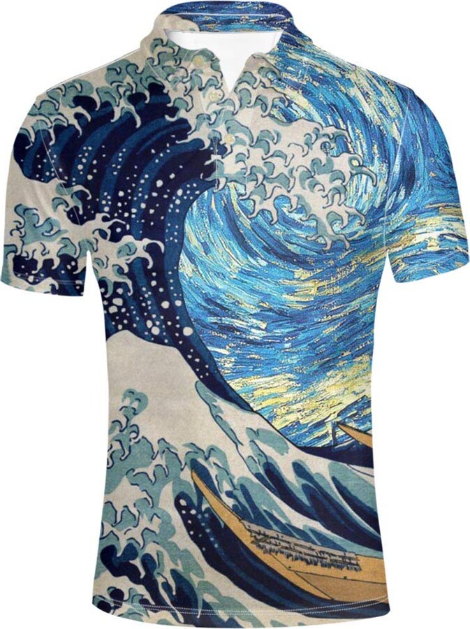 HUGS IDEA Novelty Men's Jersey Golf Polos Shirt Wave Pattern 3 Button