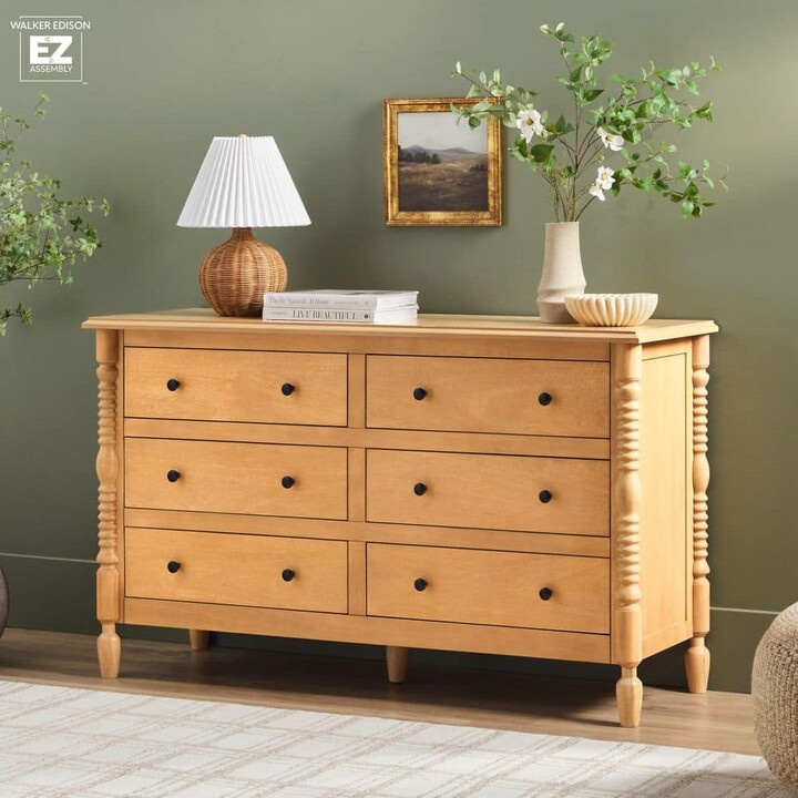 Walker Edison Furniture Company Modern Farmhouse Easy Assembly Natural 6-Drawer 54 in. Solid Wood Spindle-Detailing Dresser