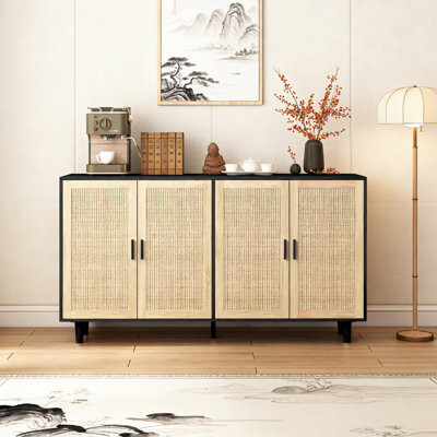 George Oliver 62.2\ Rattan Storage Cabinet With 4 Decorative Doors, Sideboard Buffet Cabinet With Adjustable Shelf And Solid Wood Legs