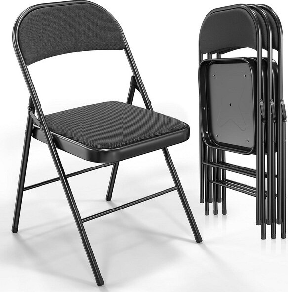 VINGLI4PackFoldingChairsMetalFramePaddedFabricSeat&Back350lbsCapacityBlack