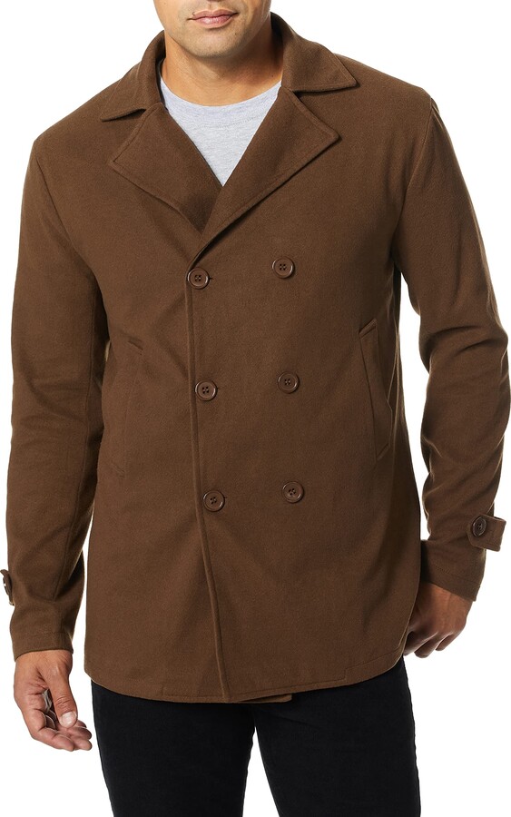Billy Reid Mens Wool Double Breasted Bond Peacoat with Leather Details 