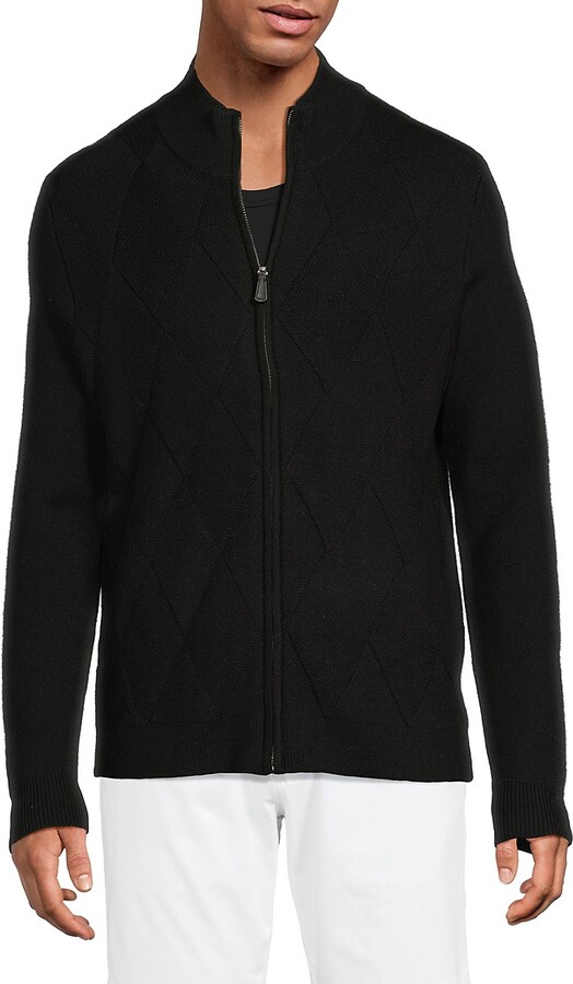 Bruno Magli Merino Wool Basketweave Full-Zip Mock Turtleneck Cardigan