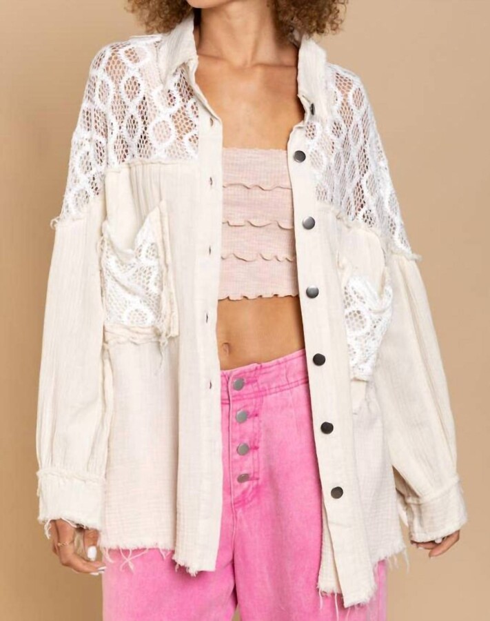 POL Oversized Lace Accent Button Down Shirt In Off White