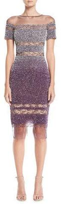 Pamella Roland Short-Sleeve Ombre Sequined Cocktail Dress