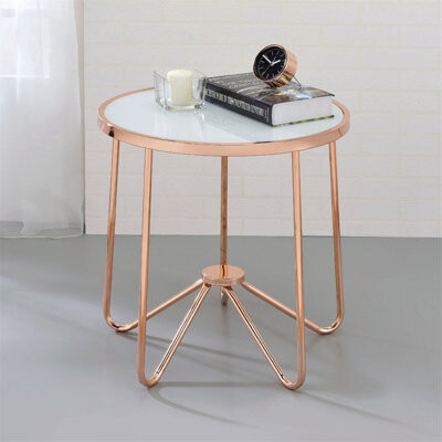 Exquisite Frosted Glass Top Round End Table with Retro - inspired Metal Base for a Classy Living Room Decor