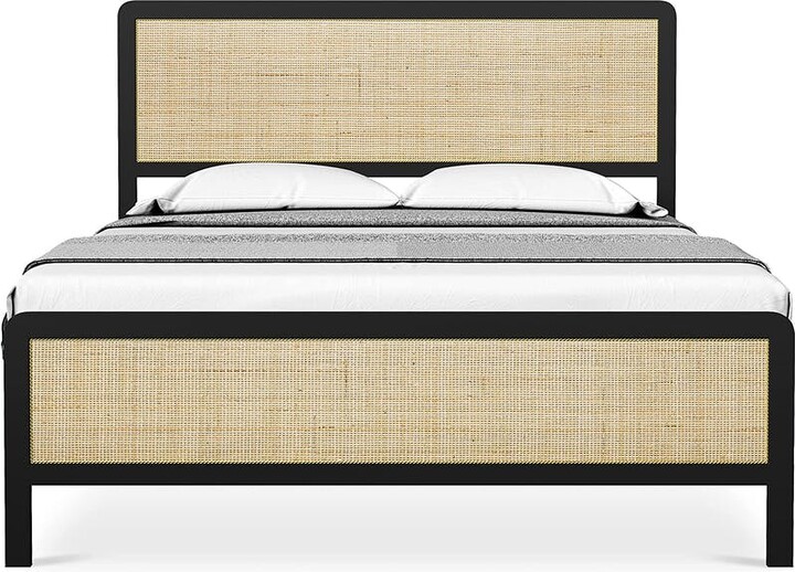 Idealhouse Black Metal Frame Platform Bed With Rattan Headboard And
