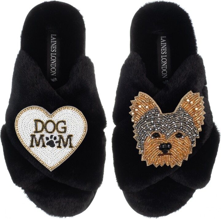 Laines London Classic Laines Slippers With Minnie Yorkie & Dog Mum / Mom Brooches - Black