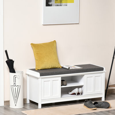 Latitude Run Entryway Shoe Bench Storage Ottoman With Sliding Doors Adjustable Shelving 6 Compartments And Padded Seat Holds 10 Pairs