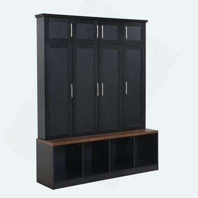 Versatile Hall Tree With 4 Hanging Hooks, Brown Wood Grain Bench With Multiple Storage Space, Entryway Cabinet With Open Compartments For Living Room,