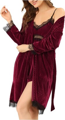 cheibear Womens Satin 2pcs Pajama Silk Nightgown Lounge Nightdress with  Robe Sets Pink Large