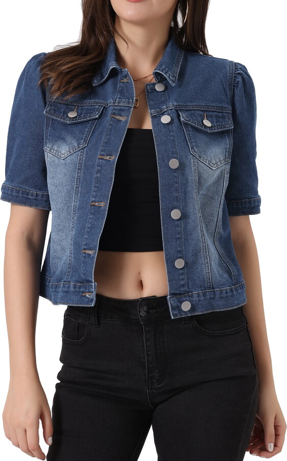 DARING DIVA Women’s Short Puff Sleeves Button-Down Denim Jacket S Blue