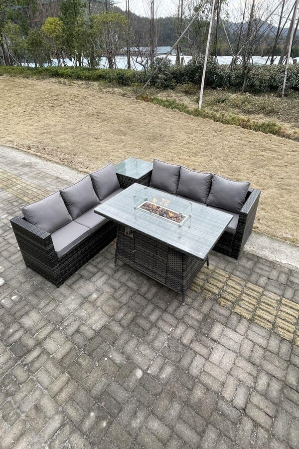 Fimous Outdoor Rattan Gas Fire Pit Dining Table Sets Gas Heater Side