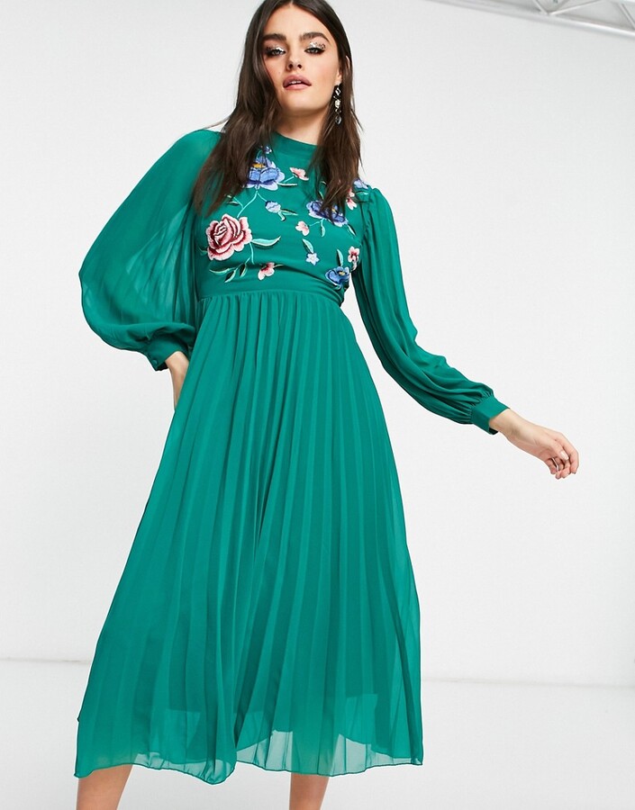 ASOS DESIGN high neck pleated long sleeve skater midi dress with embroidery  in forest green - ShopStyle