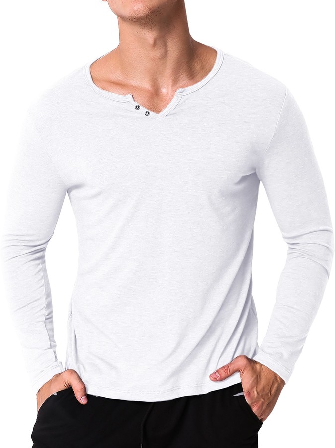 MODCHOK Men's Casual Slim Fit Long Sleeve Henley T Shirt V Neck Undershirt  Button Plain Tee Tops - ShopStyle