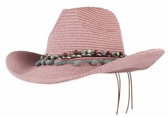 GEMVIE Unisex Straw Cowboy Hats Summer Beach Sun Hat Western Style Cowboy Cowgirl Straw Sun Hat Pink