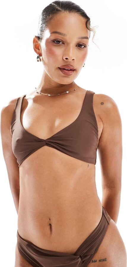 Miss Selfridge twist front crop bikini top in chocolate