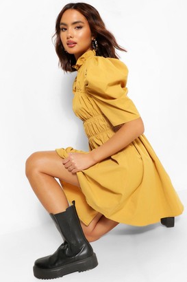 boohoo High Neck Rouched Detail Puff Sleeve Skater Dress