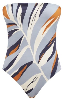 CALA DE LA CRUZ Alison Strapless Foliage-print Swimsuit - Blue Multi