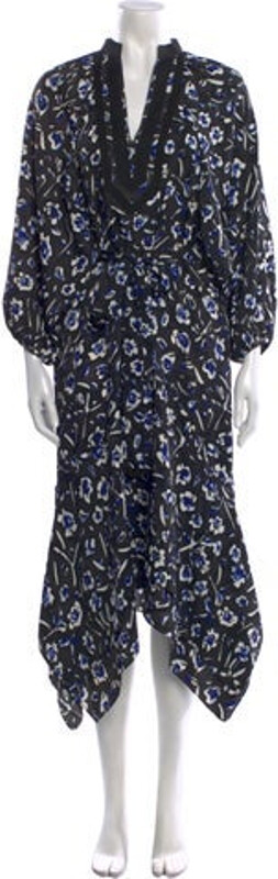 Tory Burch Casual Dress Black Floral Print Three-Quarter Sleeve with V-Neck Sash-Tie Closure at Front Designer