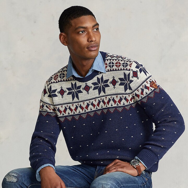 Zimaes-Men Snowflake Pullover Turn Down Collar Fall Winter Knit Crew Neck Sweaters 