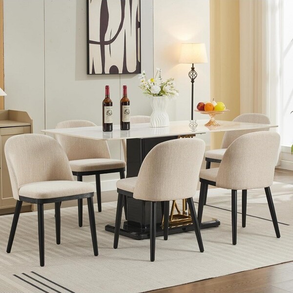 Coolmee DiningChairSetof6LinenUpholsteredKitchenChairwithThickCushionsSeatModernWoodFrameAccentChairforDiningRoomBeige