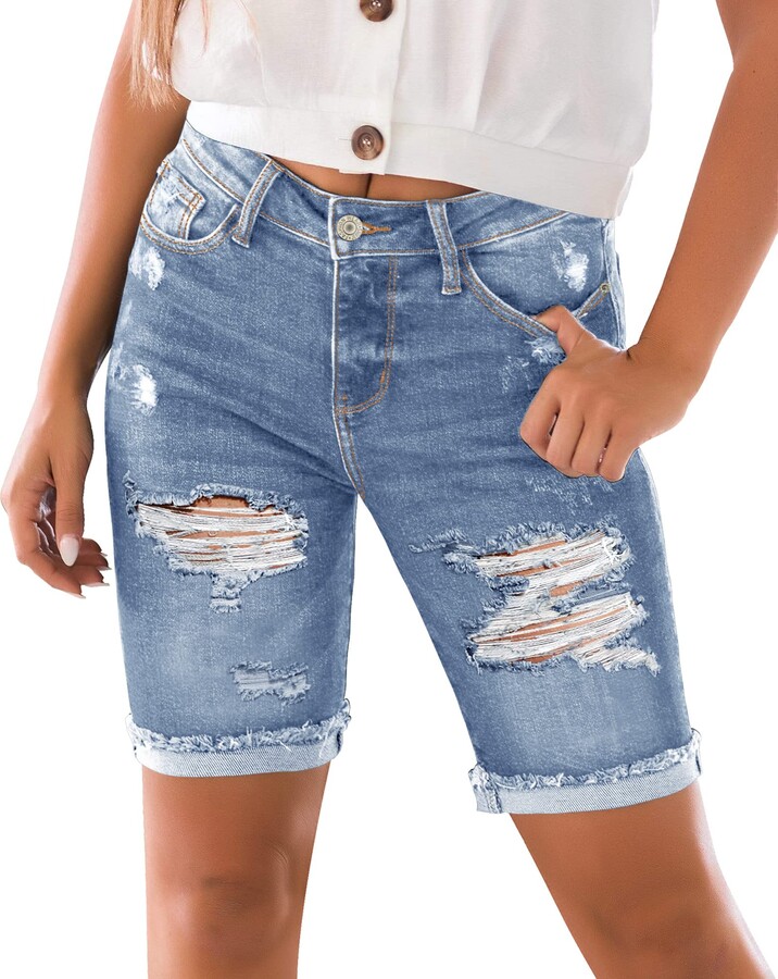 Utyful Women's High Waisted Rolled Hem Bermuda Shorts Stretch Ripped