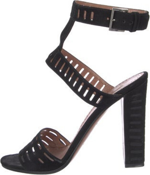Alaia Suede Sandals Black Lasercut Accents Platform Multistrap & Buckle Closure at Ankles