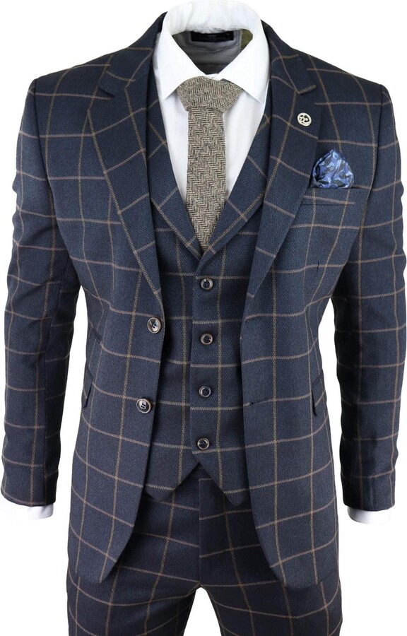 Oliver Tweed Mens Navy Blue Check 3 Piece Tweed Suit Peaky Blinders 1920s Gatsby Tailored Fit