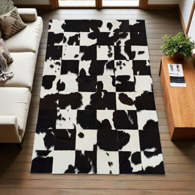 Orren Ellis Black White Cowhide Patchwork Rug