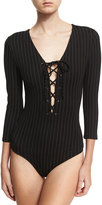 Thumbnail for your product : KENDALL + KYLIE Striped Lace-Up Plunging V-Neck Thong Bodysuit, Black/White