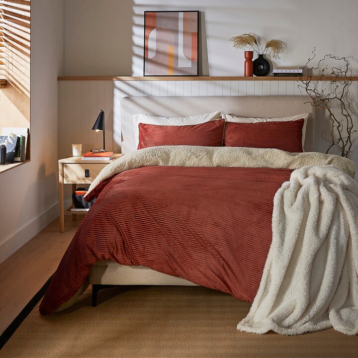 Dunelm Cosy Cord Sherpa Stripe Duvet Cover & Pillowcase Set Terracotta