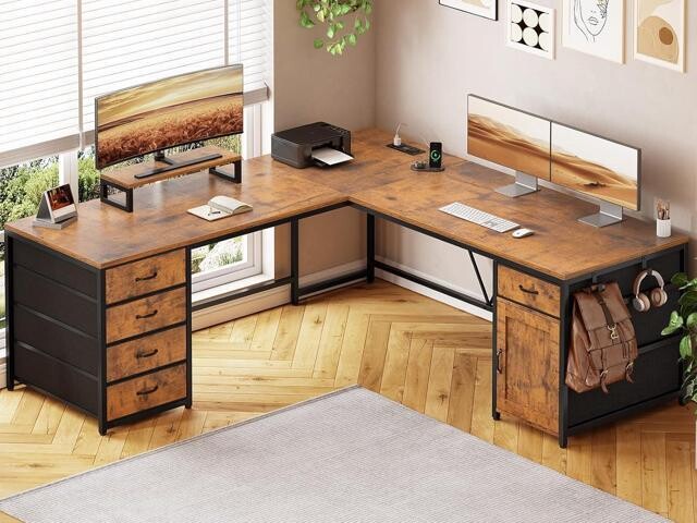 SOYE SEDETA L Shaped Desk, 63' Computer Desk with 5 Drawer & Power Outlet, Long Home Office Desk or Corner Desk, L Shaped Corner Desk with Monitor...